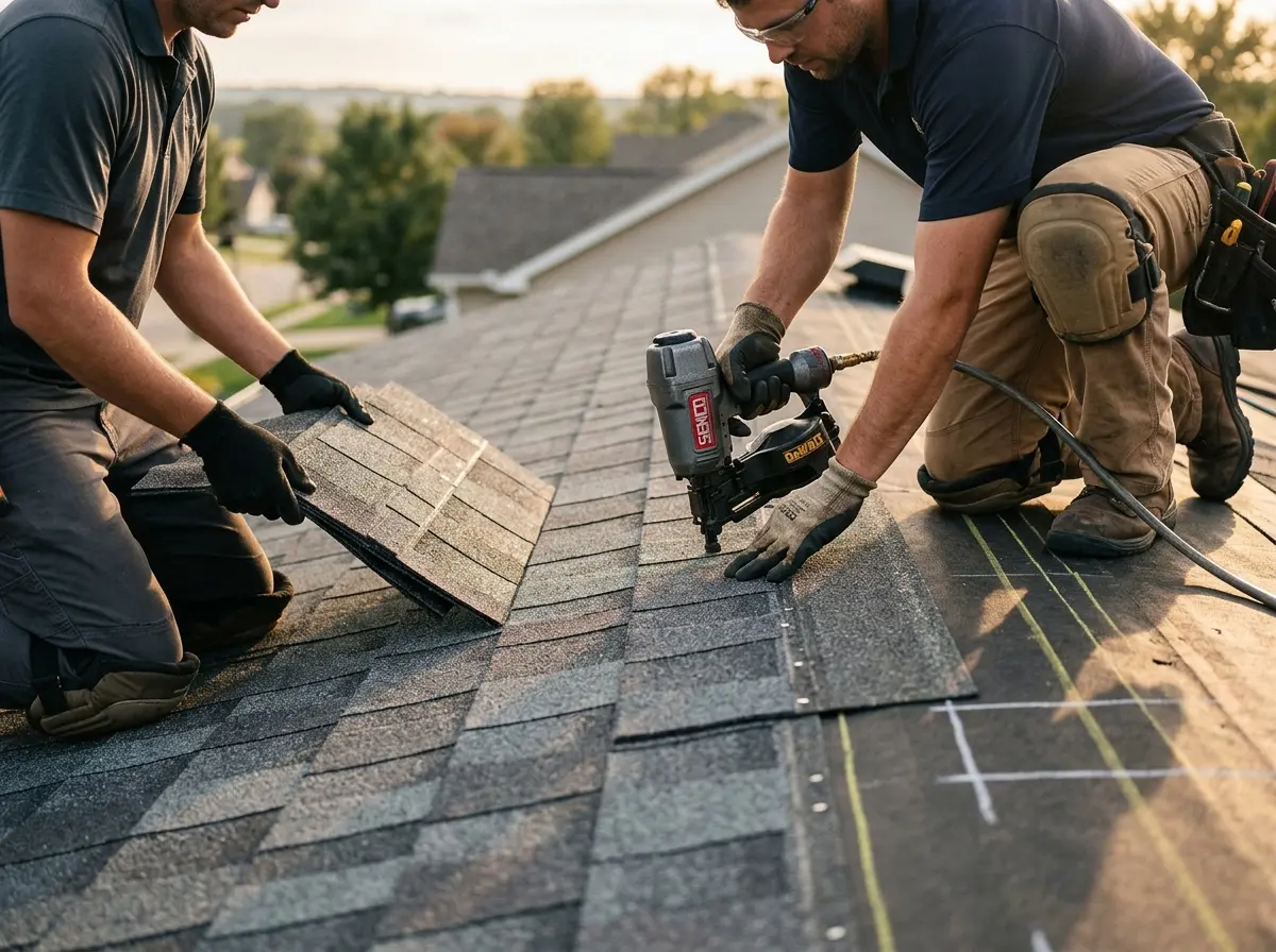Professional roofer working on a residential roof in Milwaukee